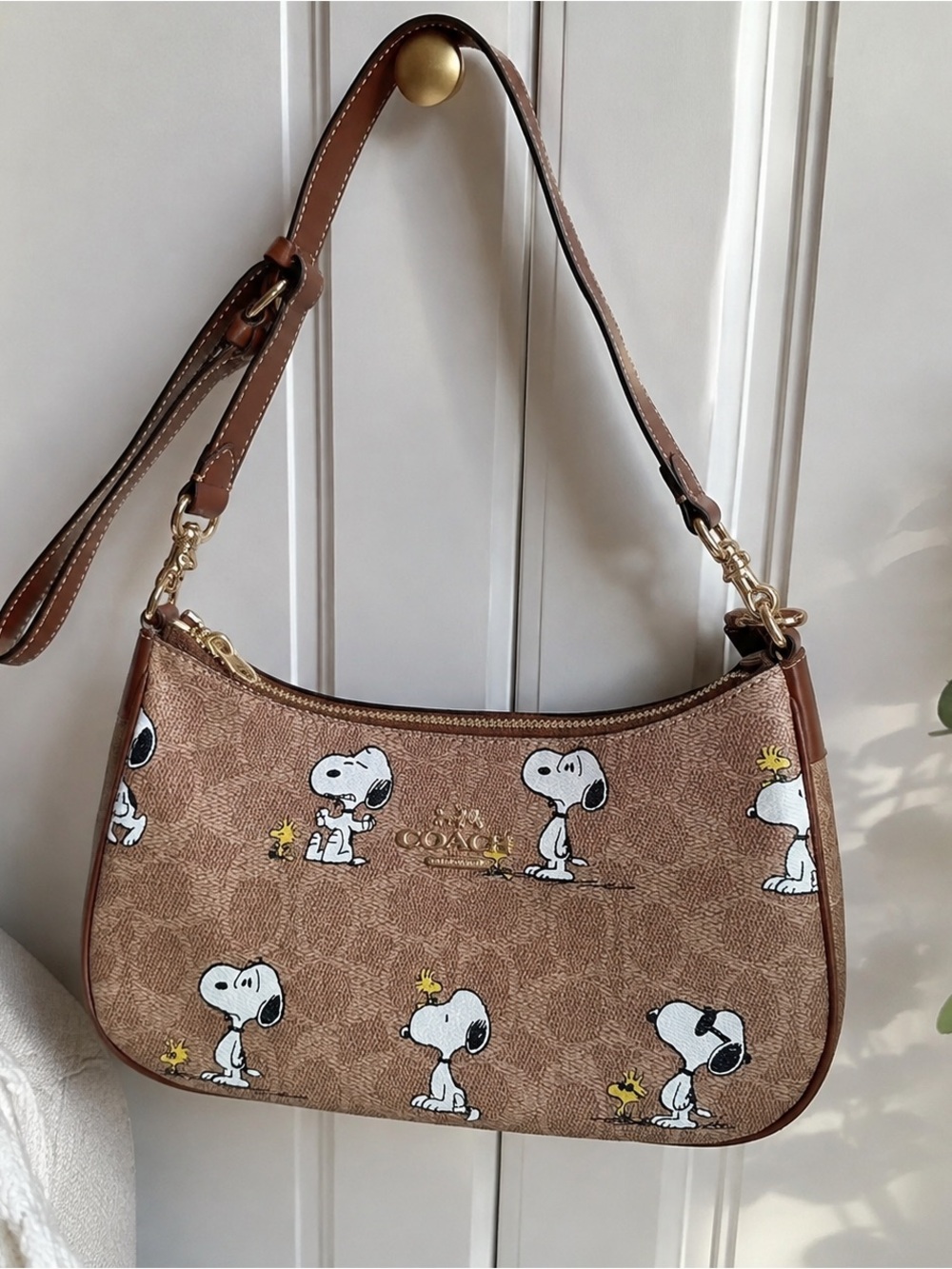 Coach Brown Snoopy & Woodstock Print Shoulder Bag